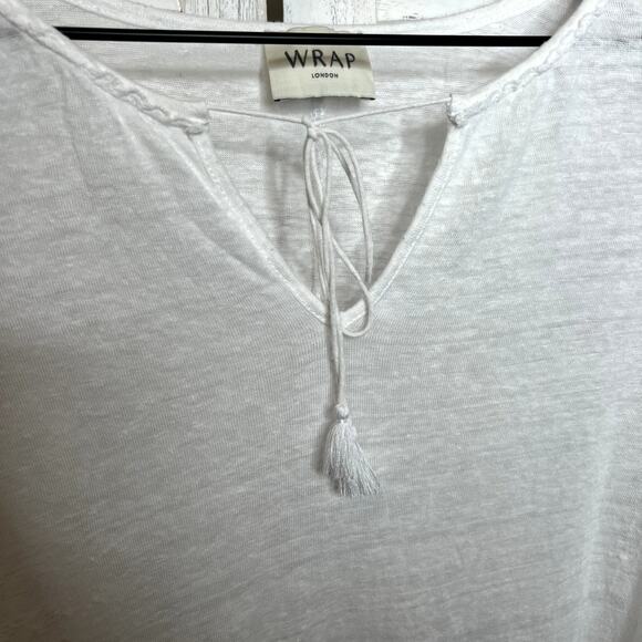 WRAP of LONDON Boho Beachy Linen Tassel Tie Front Casual Top Tunic White US 10 - Picture 9 of 14
